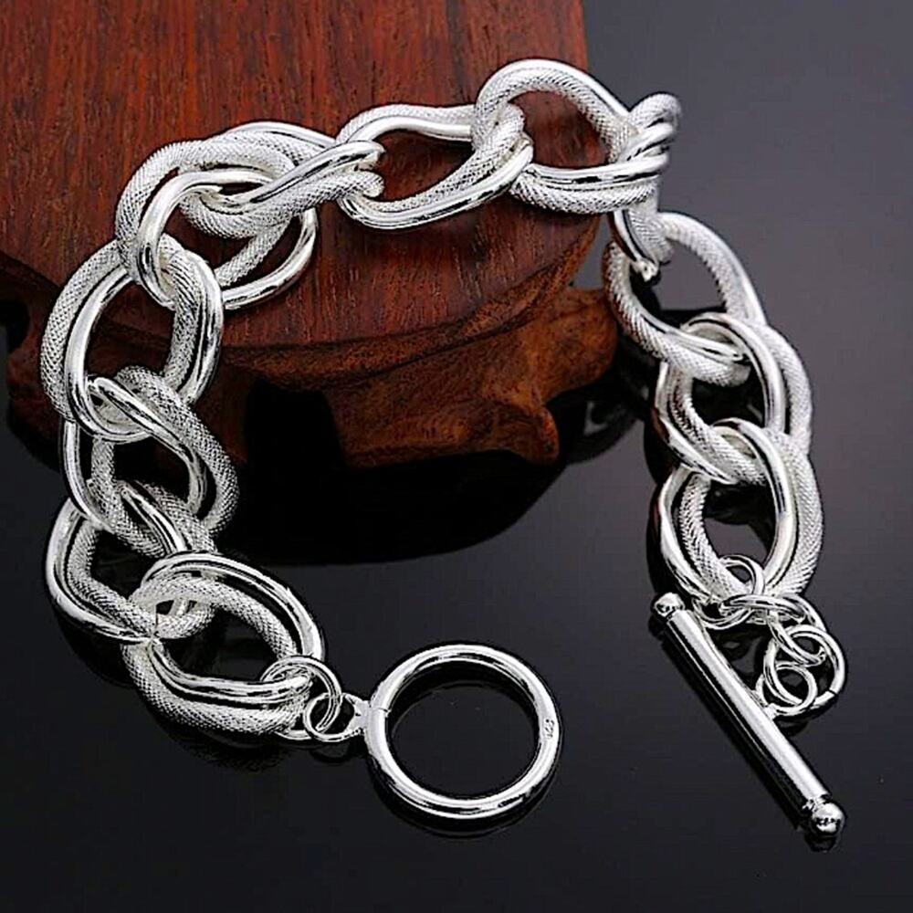 Handcrafted Sterling Silver Bracelet, Unique Chain Link Design Toggle Closure